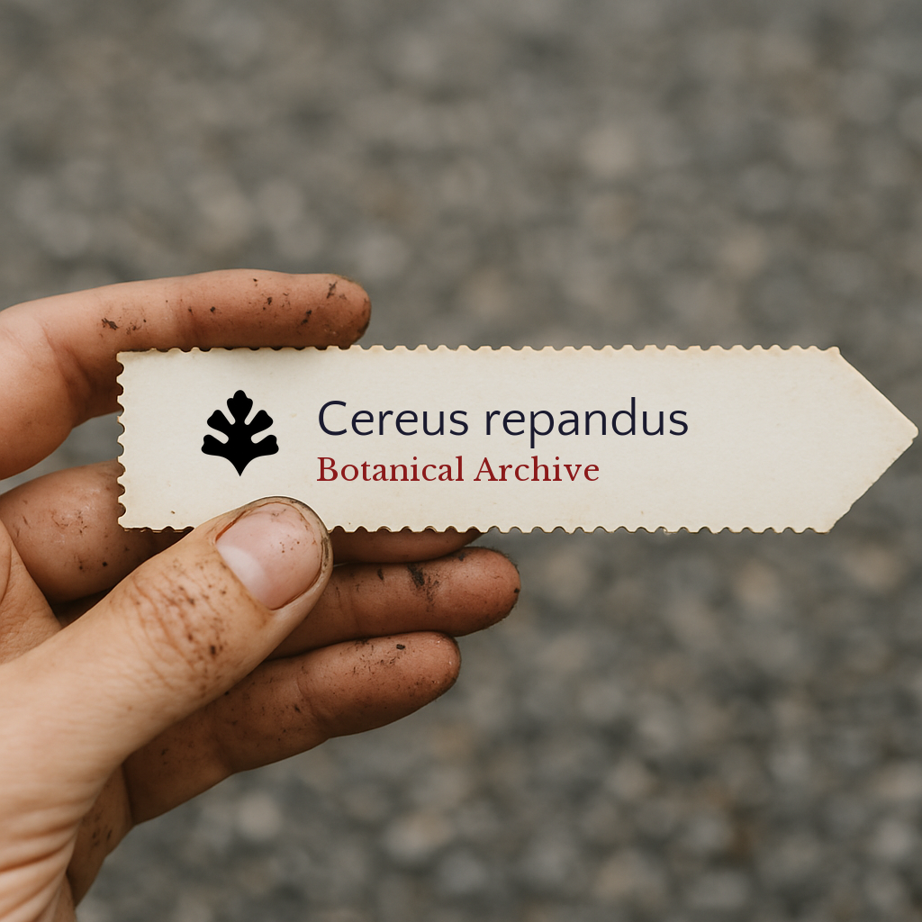 Printed plant label for Cereus repandus held by dirty hand outdoors