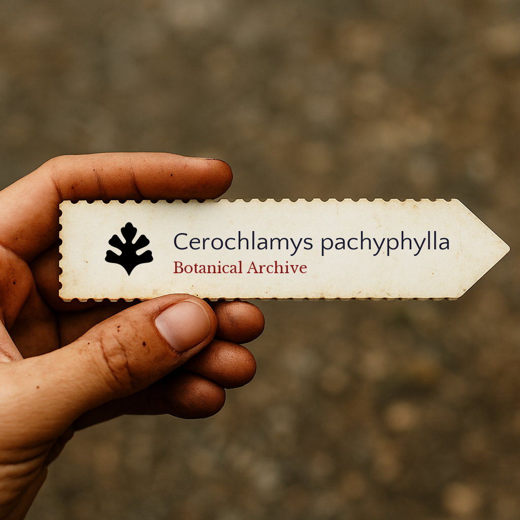 Etichetta per pianta stampata per Cerochlamys pachyphylla tenuta in mano con sfondo di terra