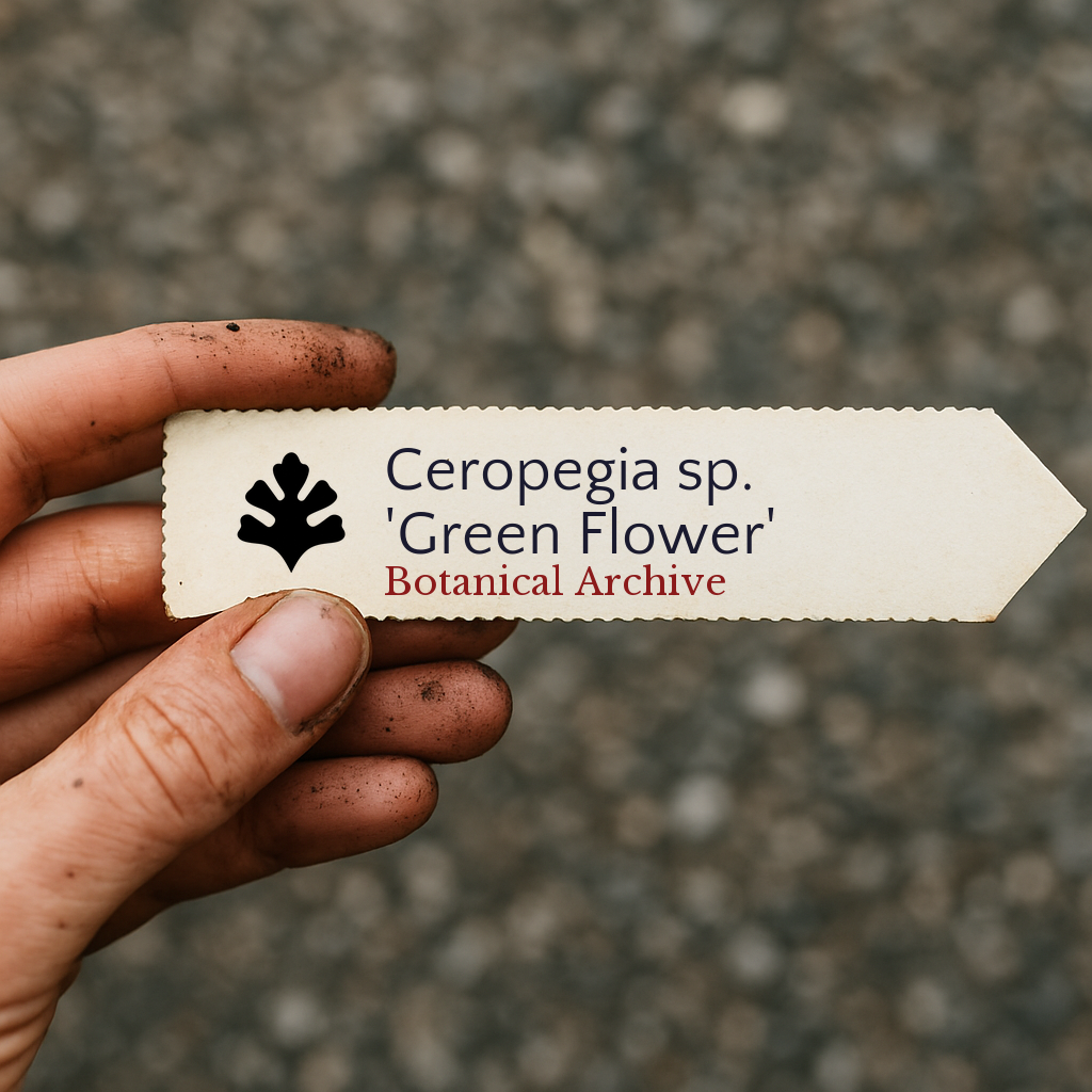 Printed plant label for Ceropegia sp. 'Green Flower' held by hand with soil dirt