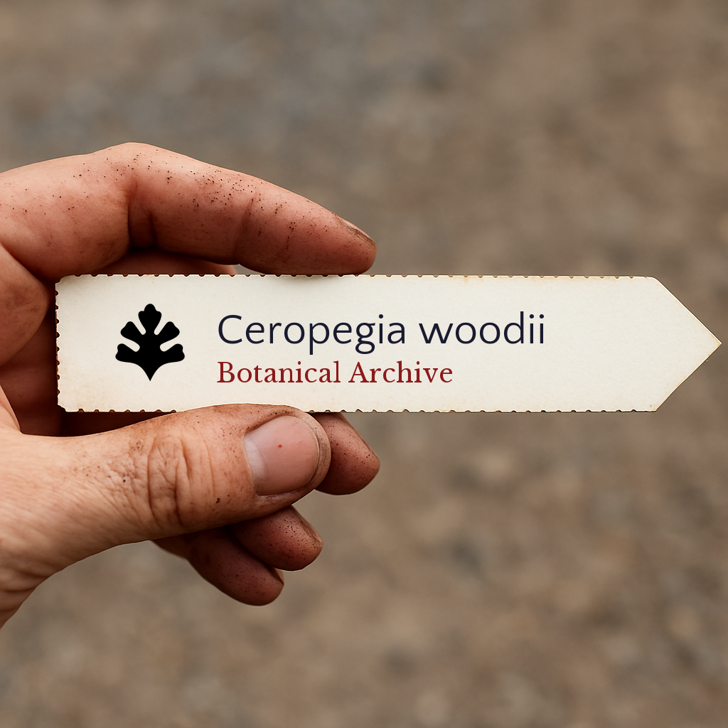Printed plant label for Ceropegia woodii held by hand with dirt background