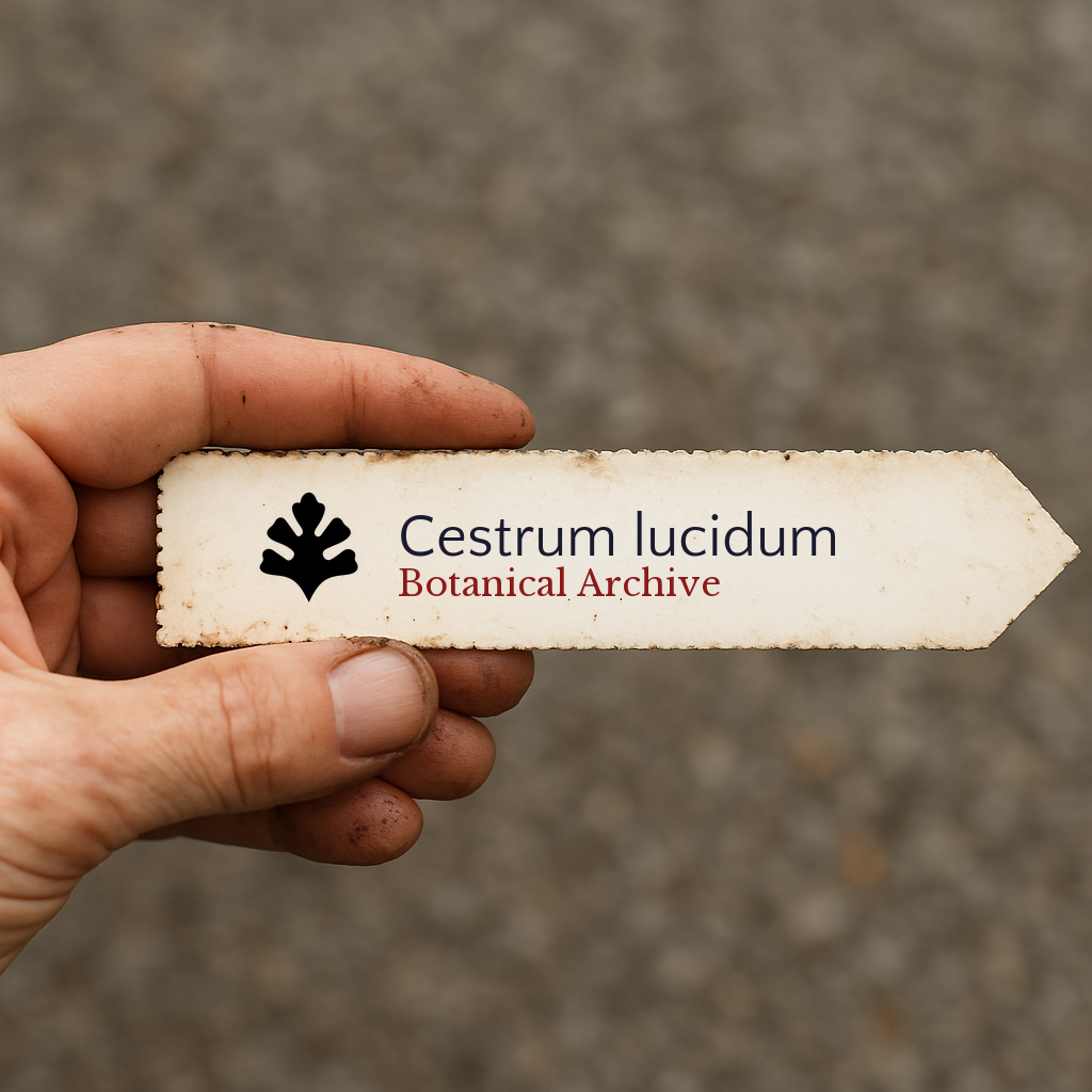 Etichetta per pianta stampata per Cestrum lucidum con logo di Botanical Archive tenuta in mano