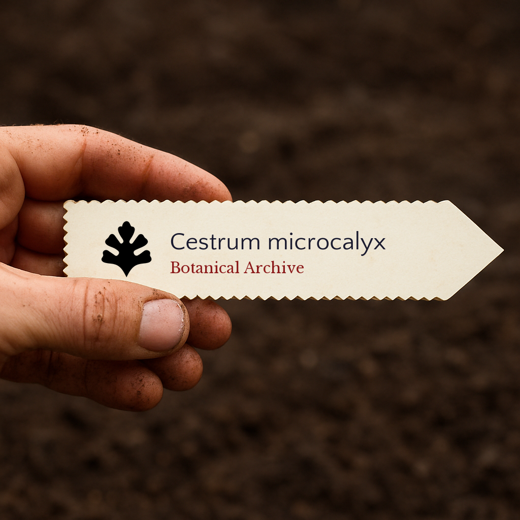 Printed plant label for Cestrum microcalyx with botanical archive logo held over soil background