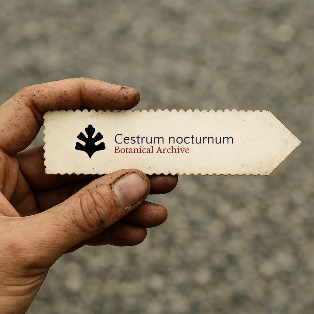 Handheld vintage-style plant label for Cestrum nocturnum with botanical archive logo