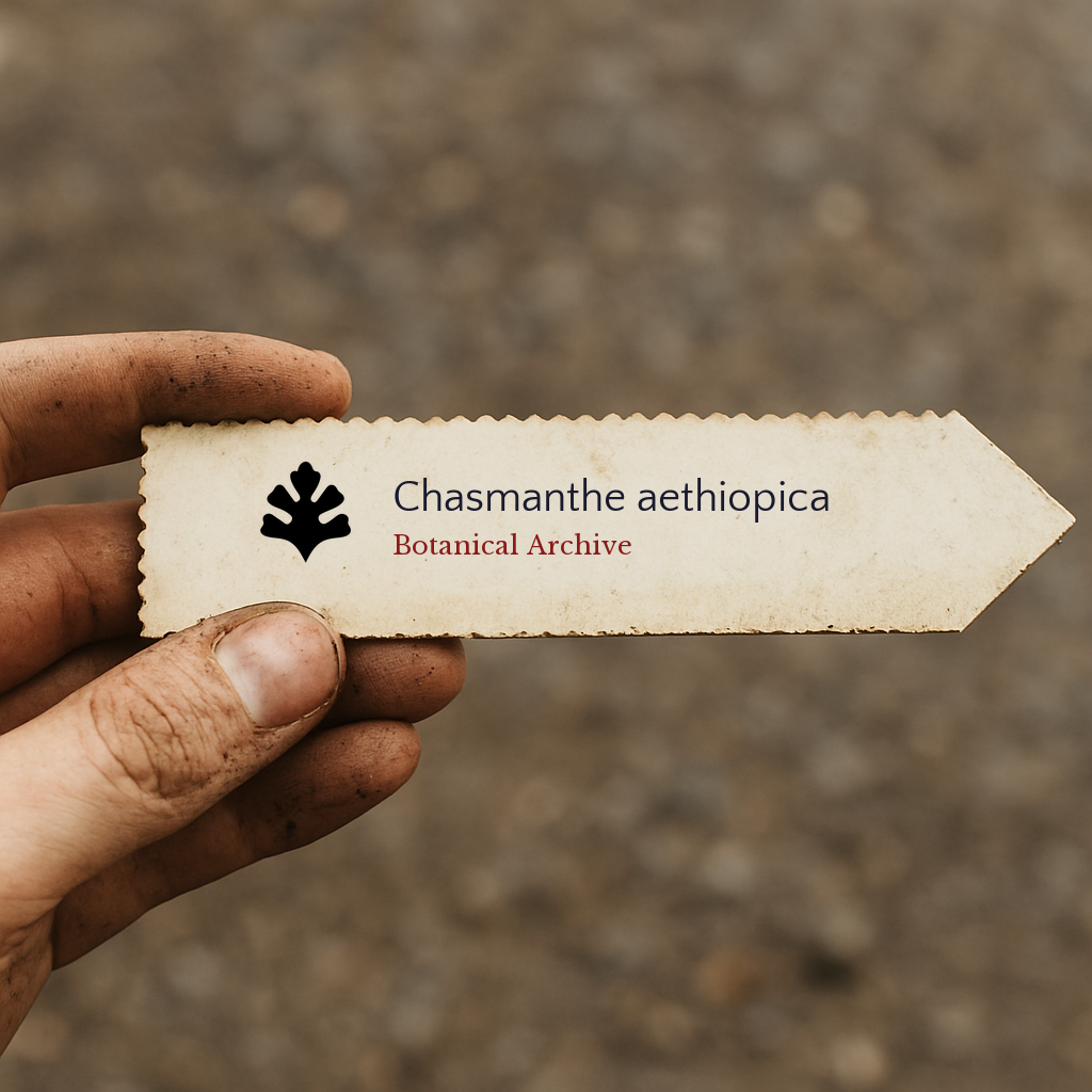 Freccia etichetta pianta stampata per Chasmanthe aethiopica tenuta da mano sporca all'aperto