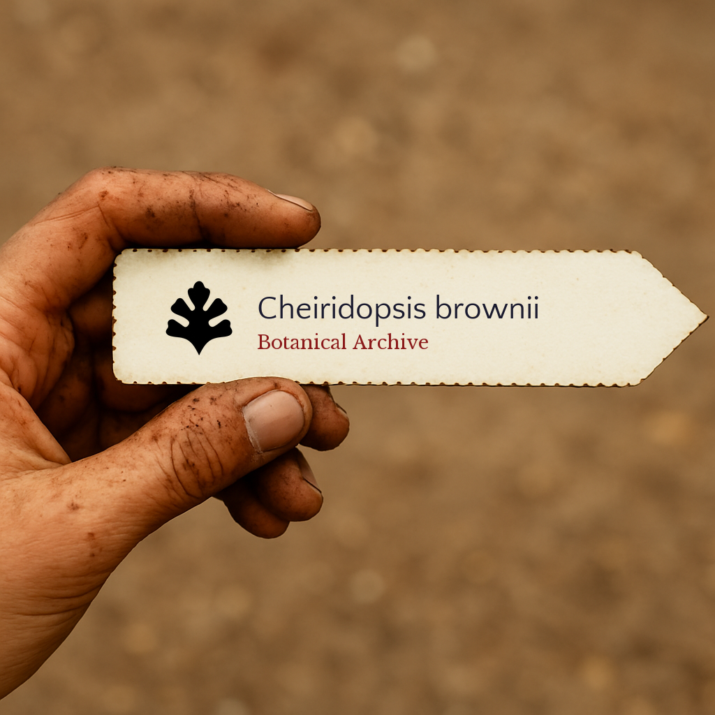 Printed plant label for Cheiridopsis brownii held by a dirt-covered hand outdoors