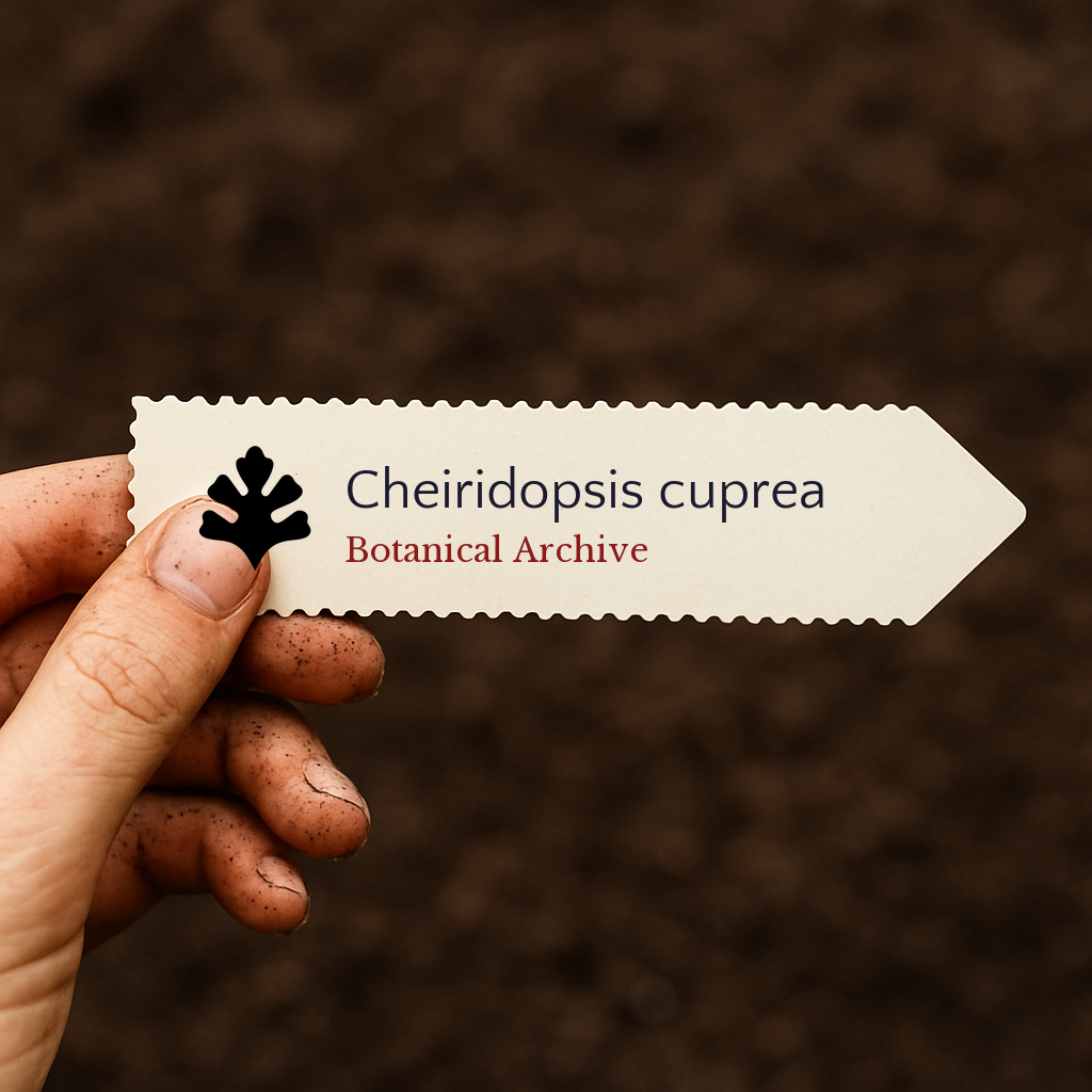 Etichetta per pianta di Cheiridopsis cuprea con icona decorativa a forma di foglia sovrapposta su sfondo di terreno