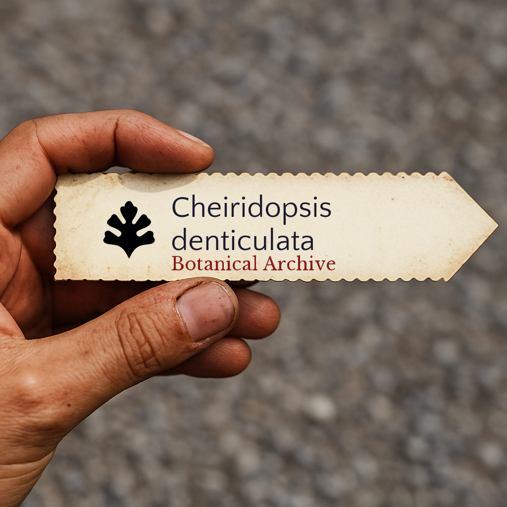 Etichetta botanica stampata per Cheiridopsis denticulata con logo Botanical Archive tenuta a mano