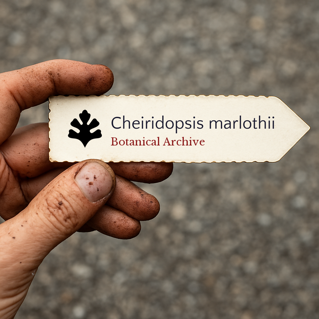 Printed plant label for Cheiridopsis marlothii held by dirty hand outdoors