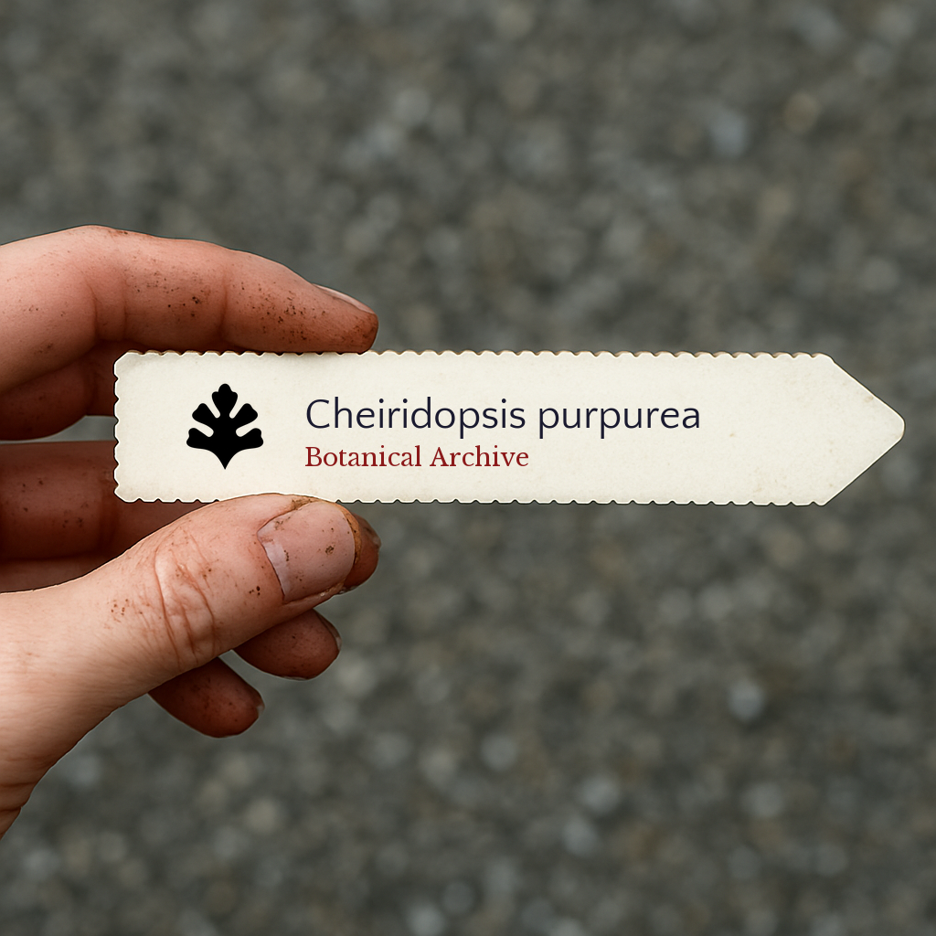 Etichetta piantina stampata per Cheiridopsis purpurea tenuta in mano con sfondo di terra
