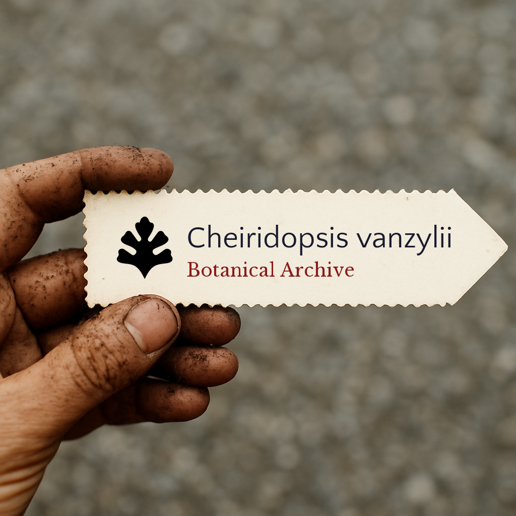 Etichetta della pianta stampata per Cheiridopsis vanzylii tenuta da una mano sporca all'aperto