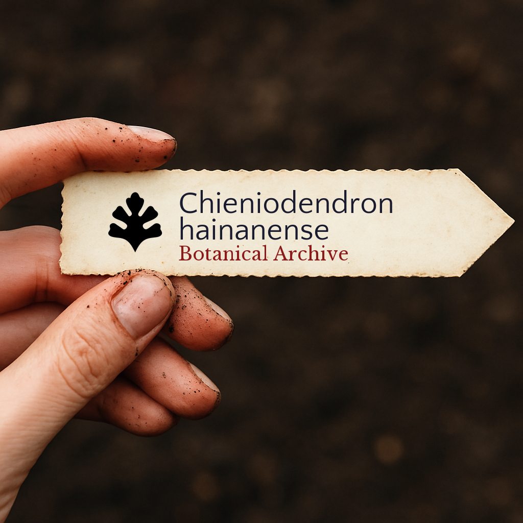 Printed plant label for Chieniodendron hainanense held by dirty hand with soil background