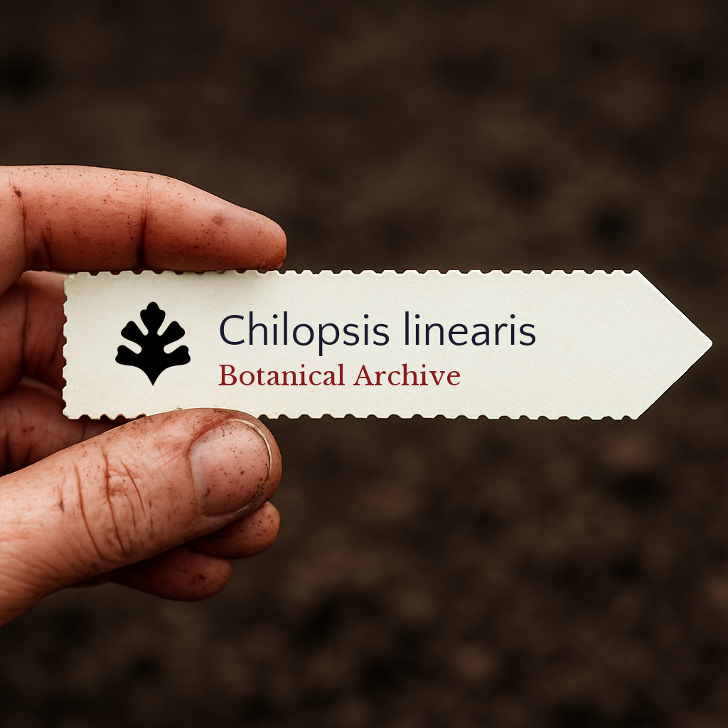 Printed plant label for Chilopsis linearis held by hand over soil background