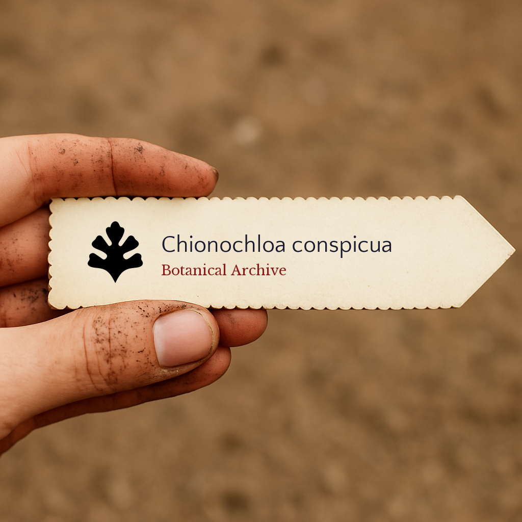 Printed plant label for Chionochloa conspicua held by dirty hand against soil background