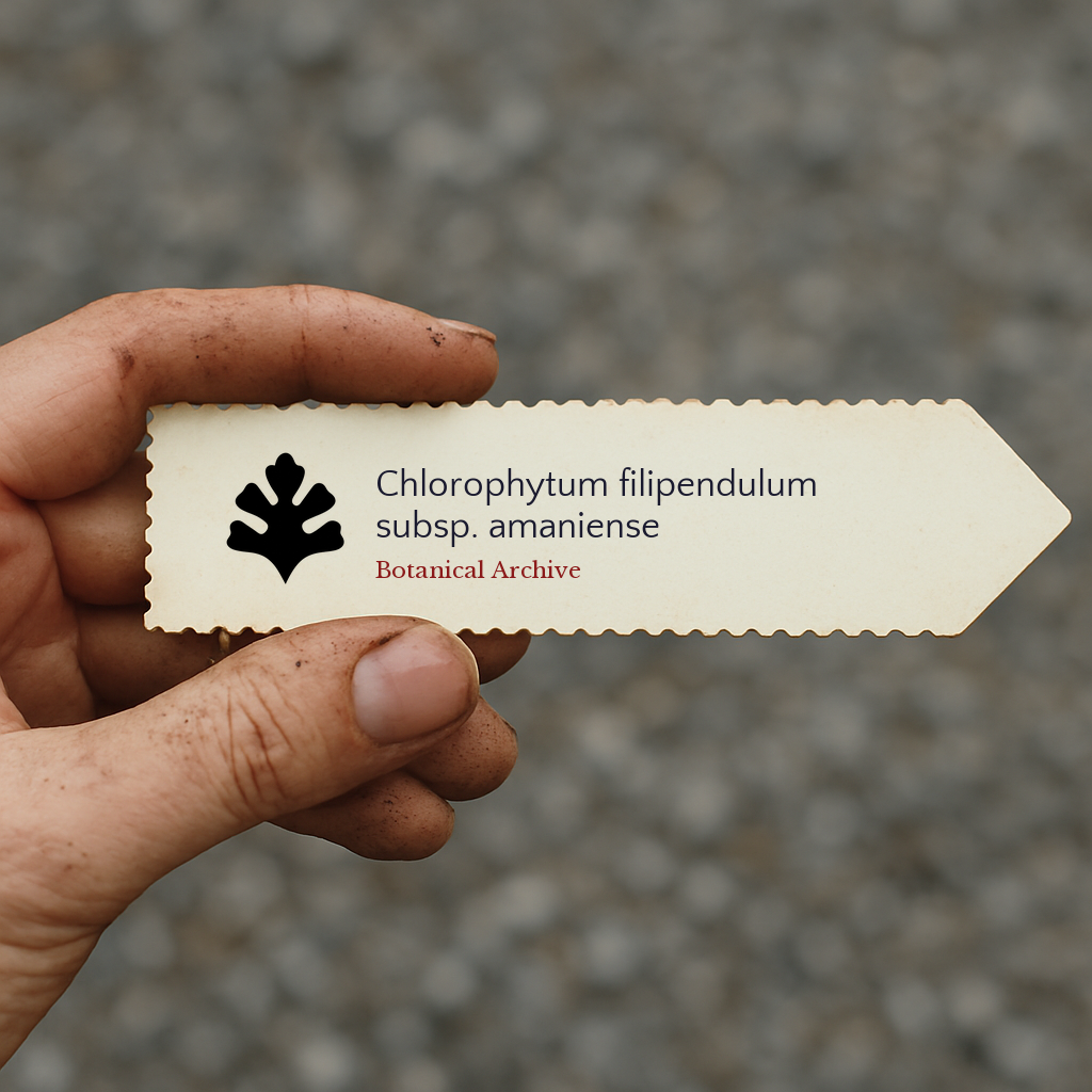 Printed plant label for Chlorophytum filipendulum subsp. amaniense held by hand outdoors