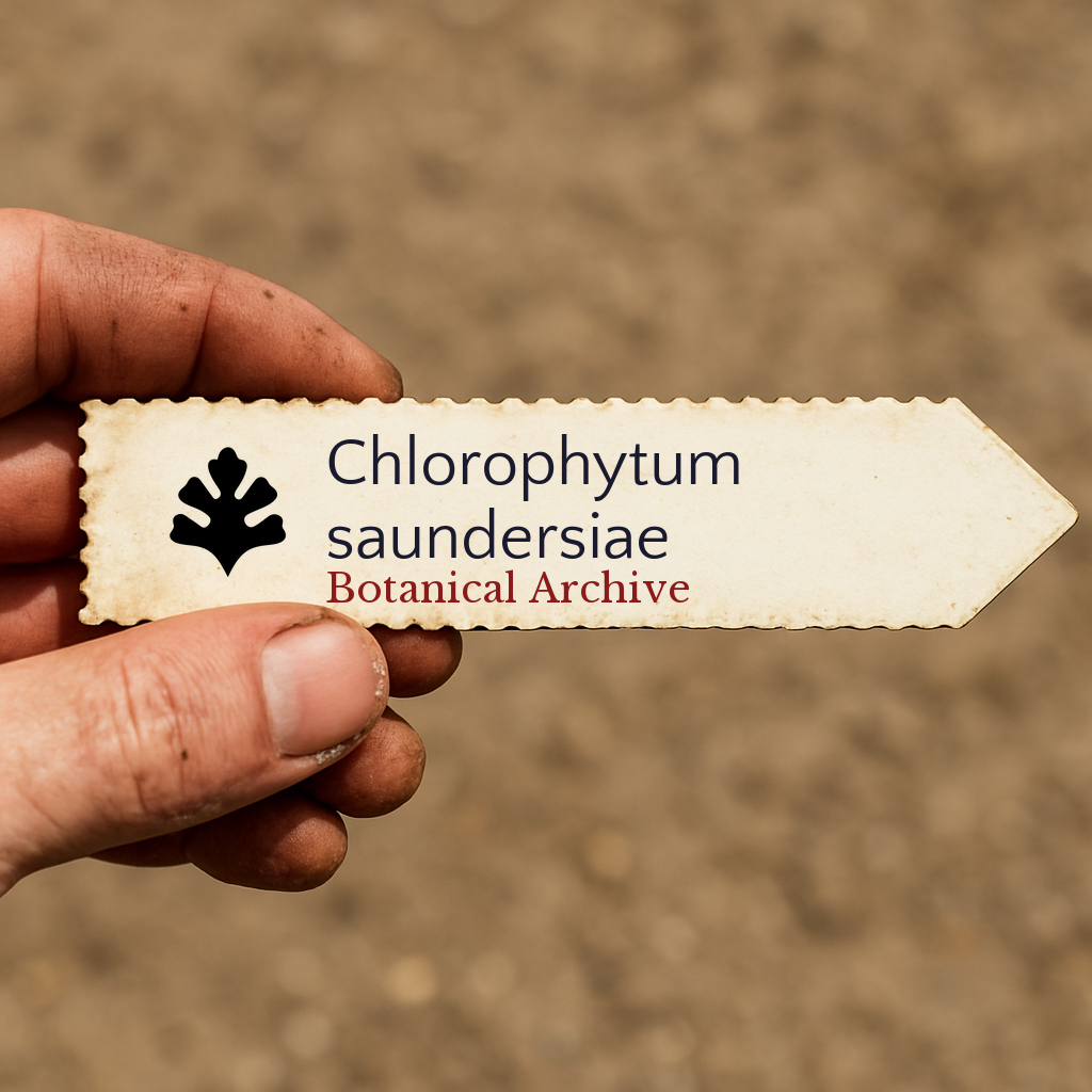 Etichetta vegetale stampata per Chlorophytum saundersiae tenuta in mano con sfondo sfocato