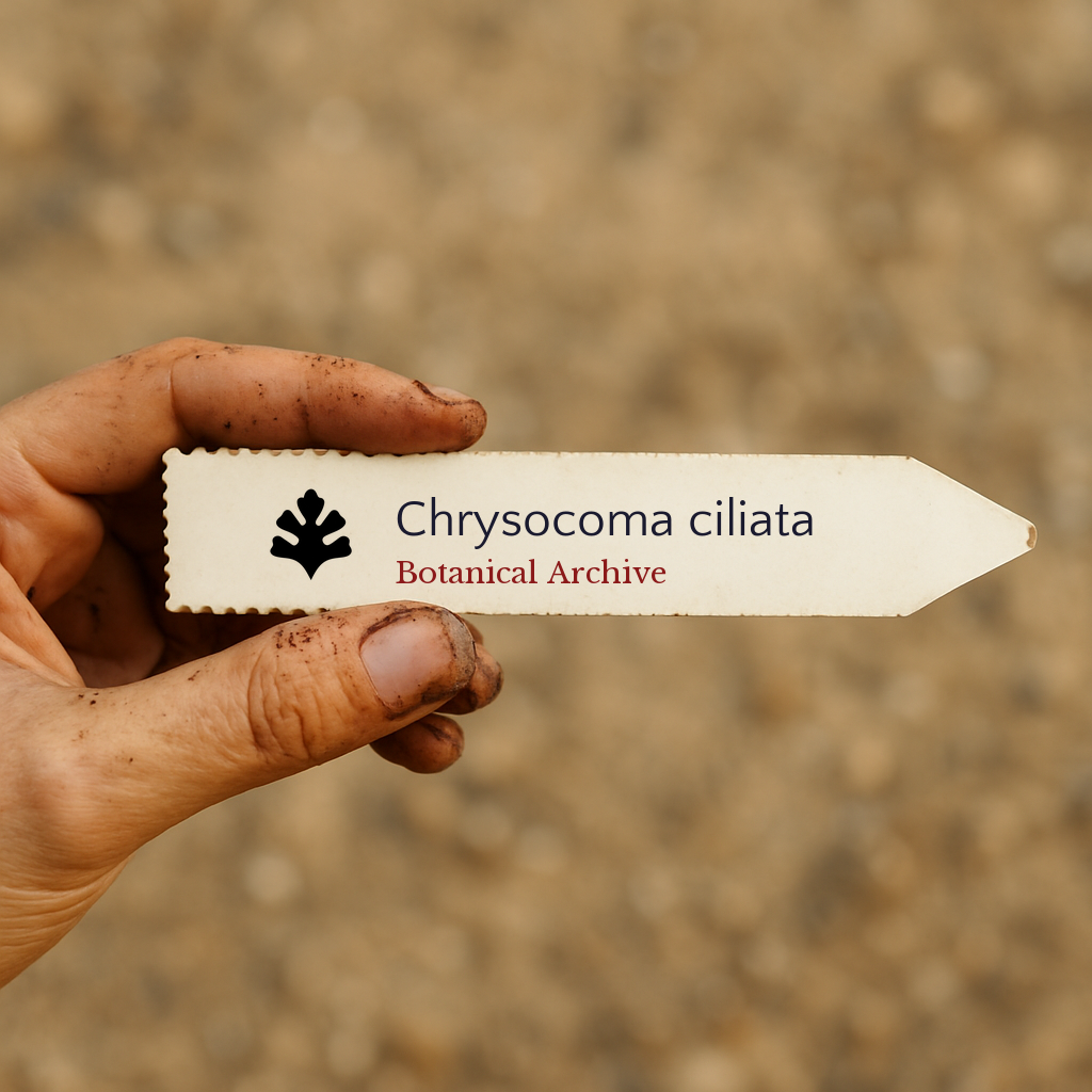 Printed plant label for Chrysocoma ciliata held by dirty hand outdoors