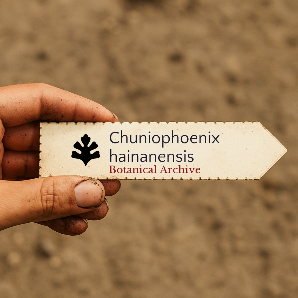 Etichetta stampata per pianta di Chuniophoenix hainanensis tenuta a mano con sfondo di terreno