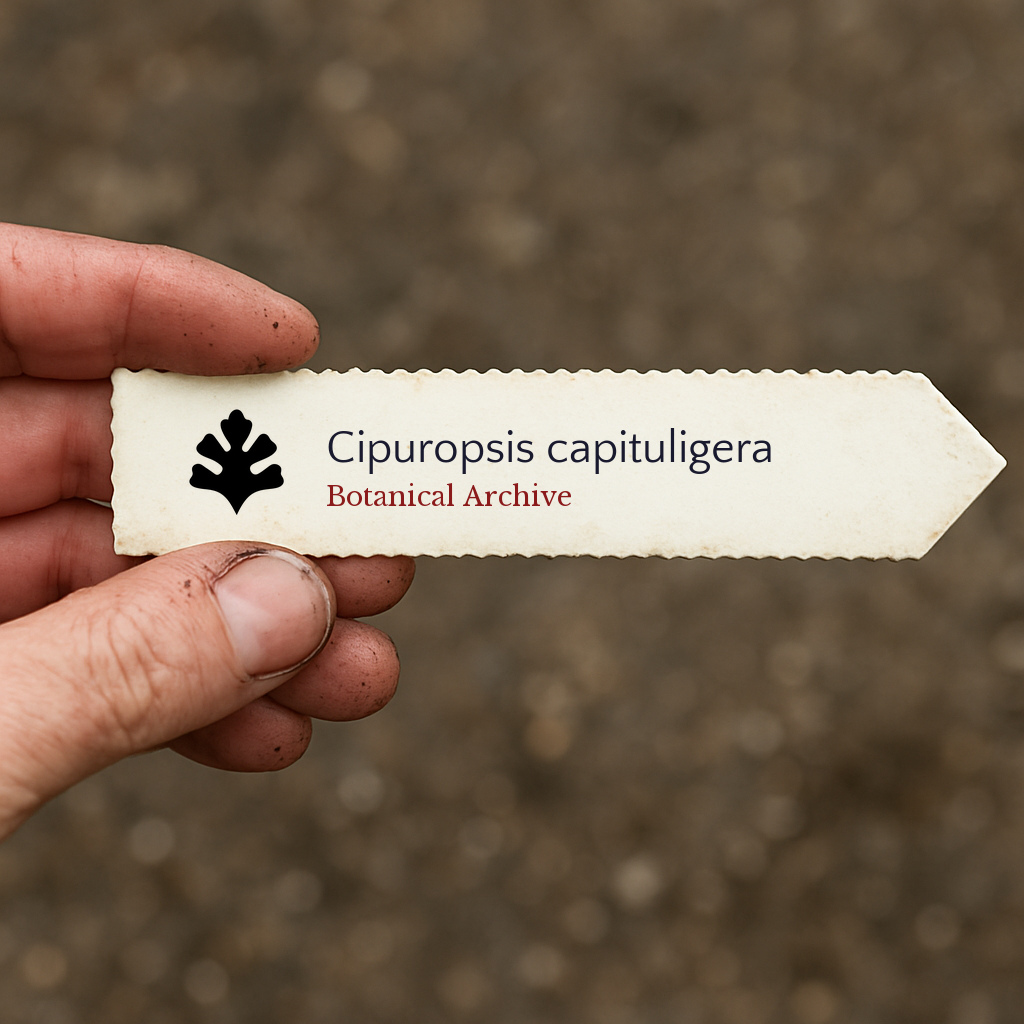 Printed plant label for Cipuropsis capituligera with botanical archive logo held in hand