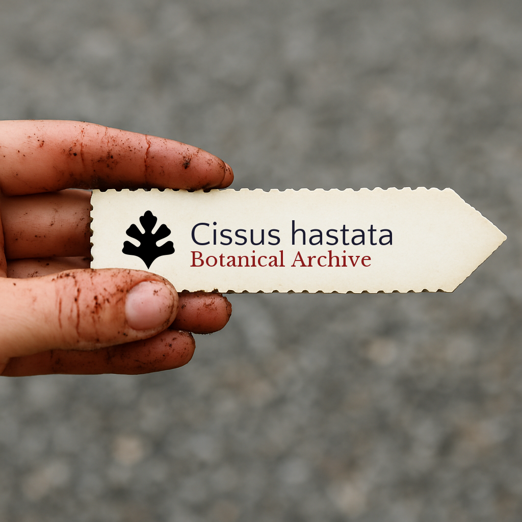 Printed plant label for Cissus hastata held by dirty hand outdoors