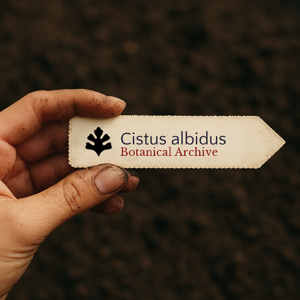 Etichetta stampata per pianta di Cistus albidus tenuta da una mano sporca su sfondo di terra