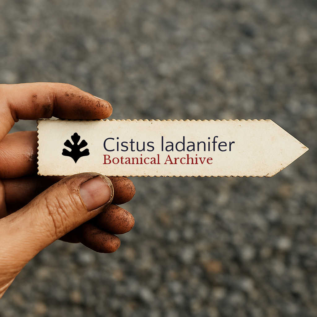 Printed plant label for Cistus ladanifer held by dirty hand outdoors