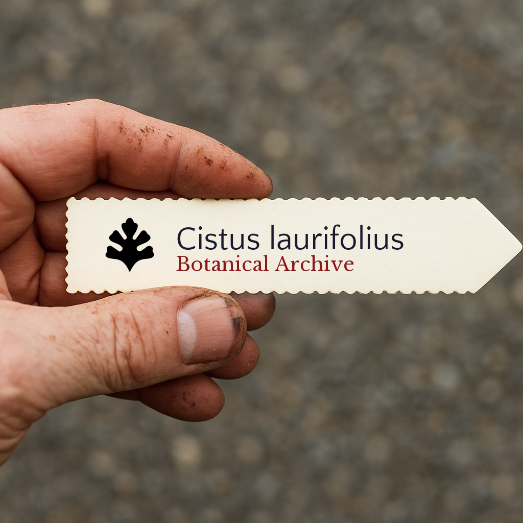 Etichetta stampata per pianta di Cistus laurifolius tenuta da mano sporca all'aperto