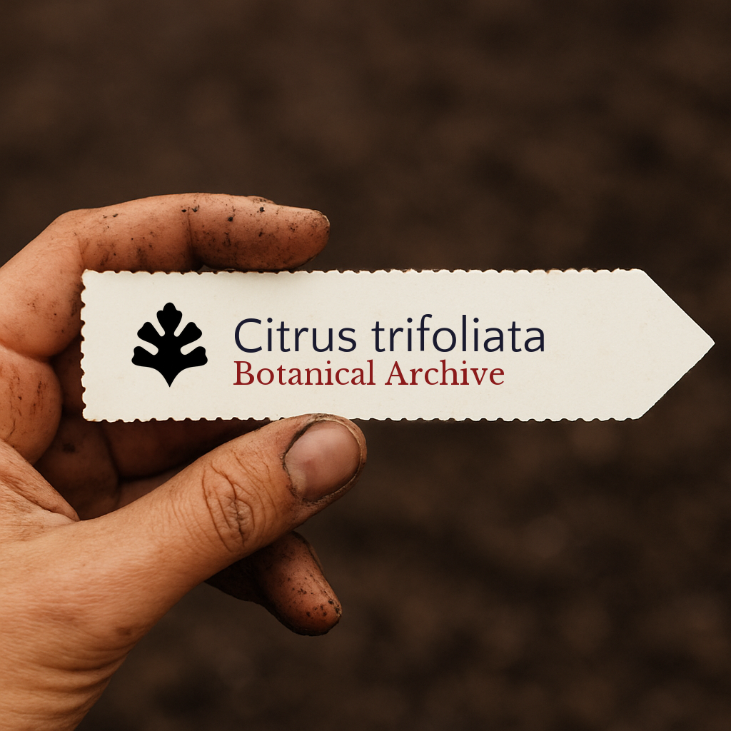 Etichetta stampata per pianta di Citrus trifoliata tenuta da mano sporca su sfondo di terreno