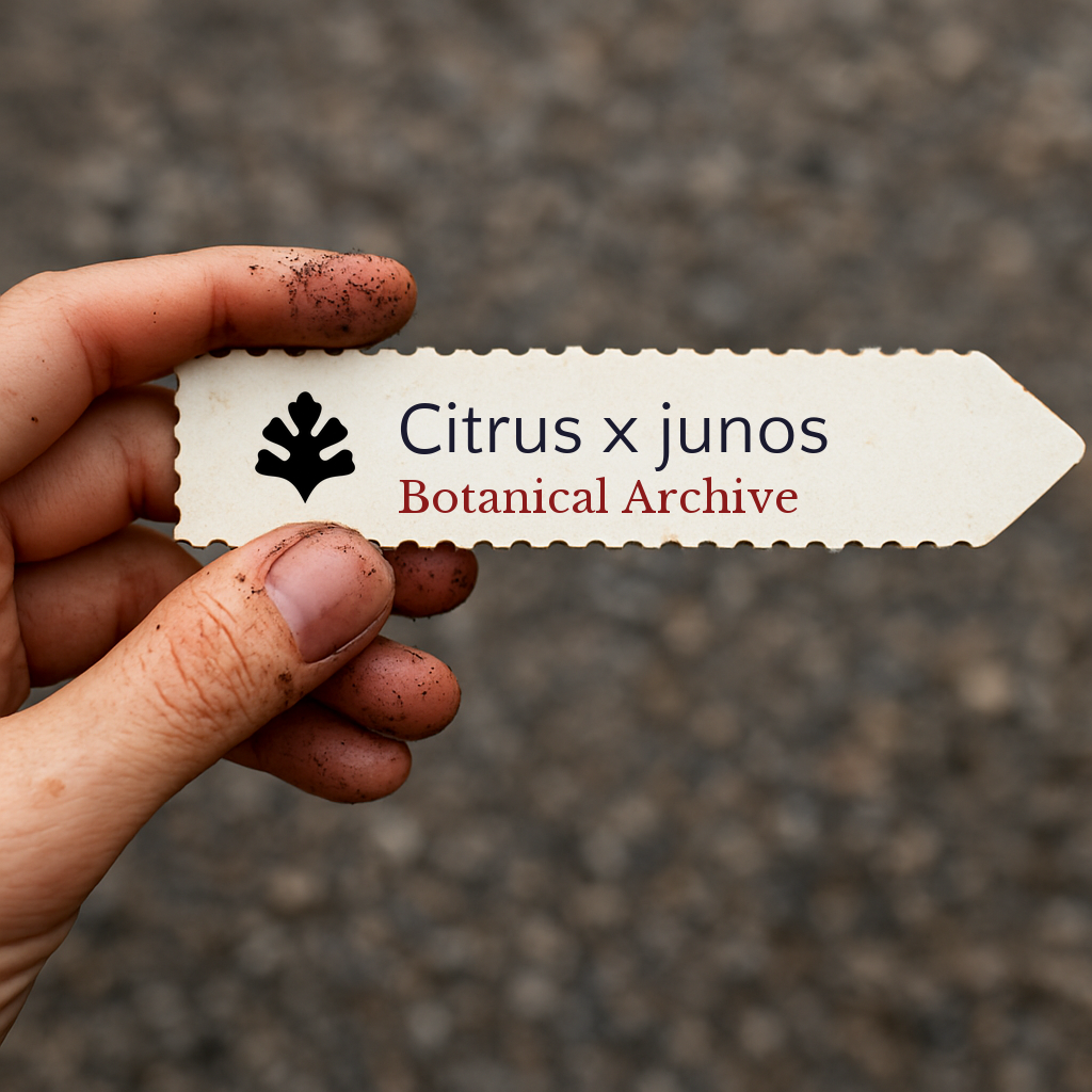 Printed plant label for Citrus x junos held by hand with soil on fingers
