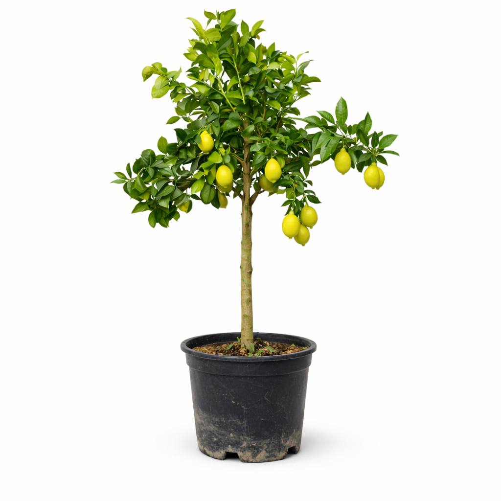 Piccolo limone in vaso Citrus limon con frutti gialli maturi e foglie verdi lucide
