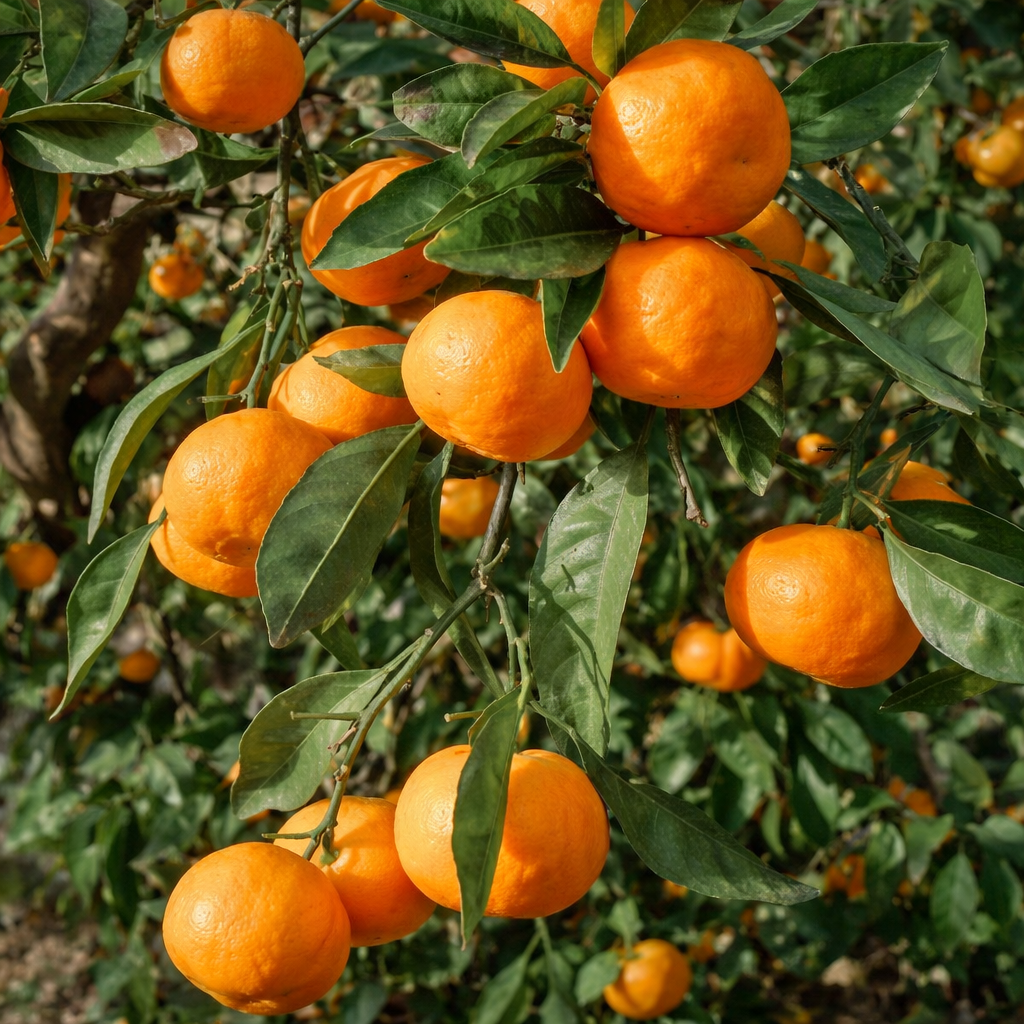 Frutti maturi di mandarino Citrus reticulata su rami frondosi dell'albero