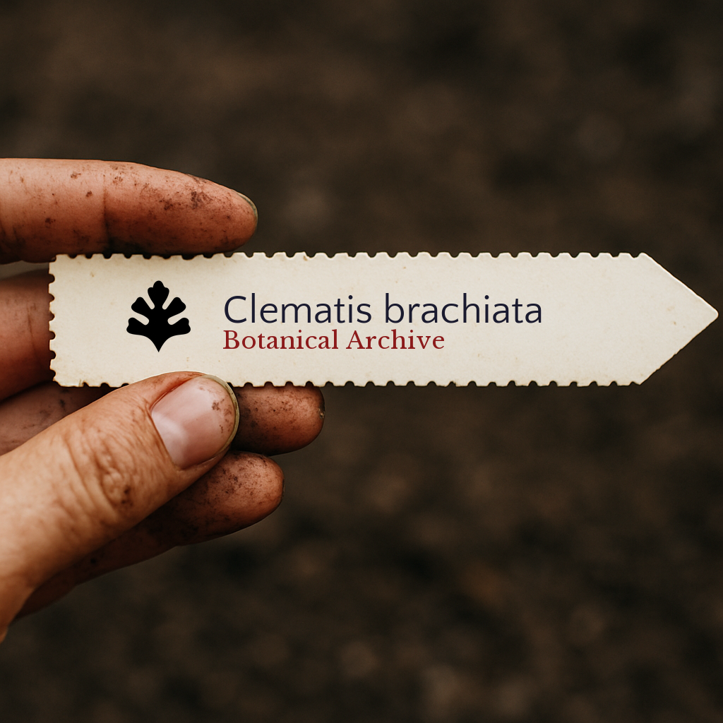 Etichetta stampata per pianta di Clematis brachiata tenuta da mano sporca con sfondo di terreno