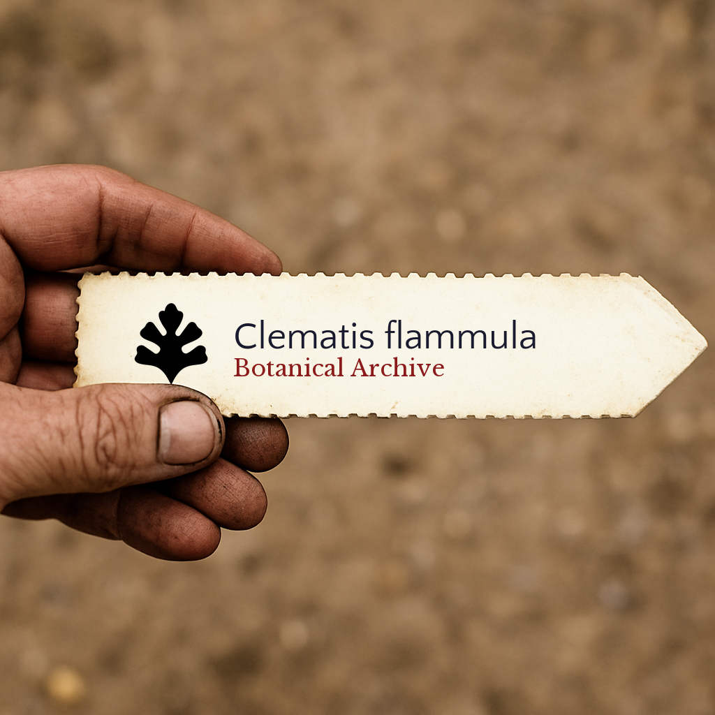 Etichetta per pianta stampata per Clematis flammula con logo Botanical Archive tenuta a mano