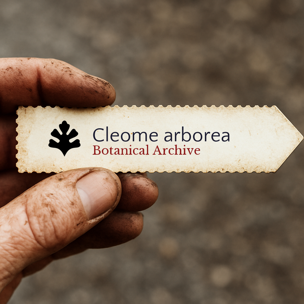 Printed plant label for Cleome arborea held by dirty hand outdoors