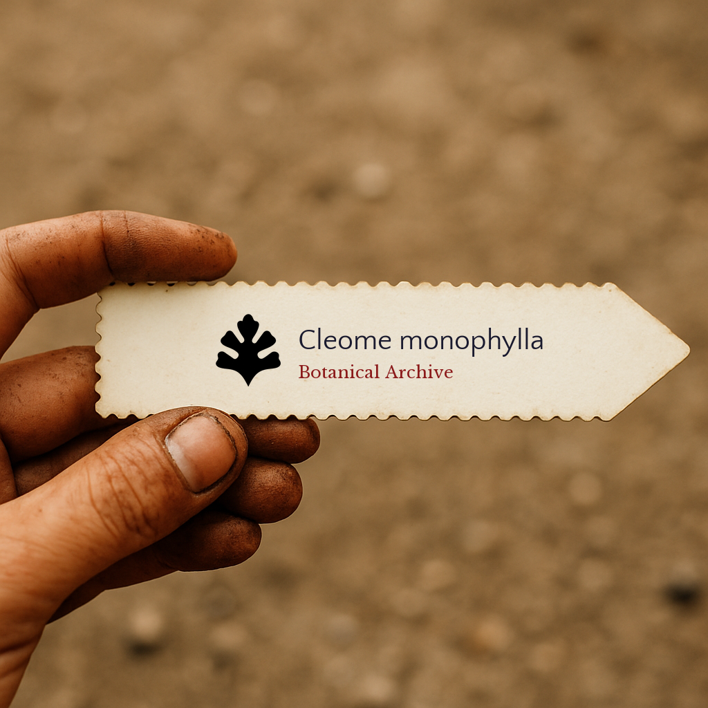 Printed plant label for Cleome monophylla held by dirty hand against soil background
