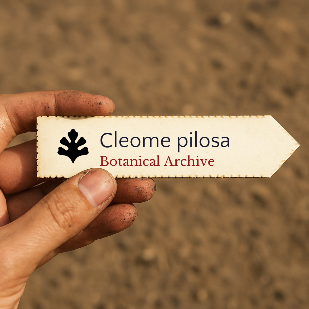 Printed plant label for Cleome pilosa held by hand with soil background