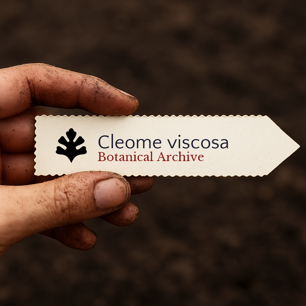 Etichetta botanica stampata per Cleome viscosa tenuta da mano sporca su sfondo di terreno