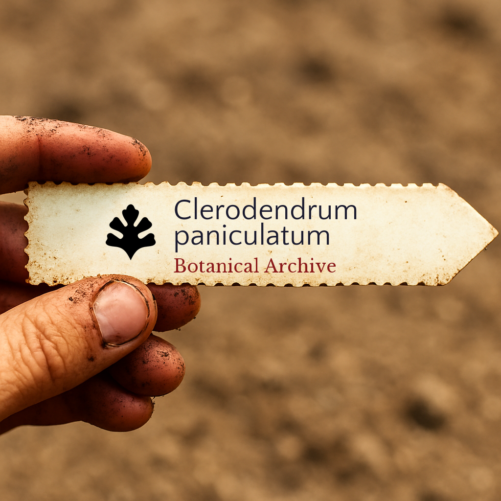 Etichetta per pianta stampata per Clerodendrum paniculatum tenuta in mano con sfondo di terreno