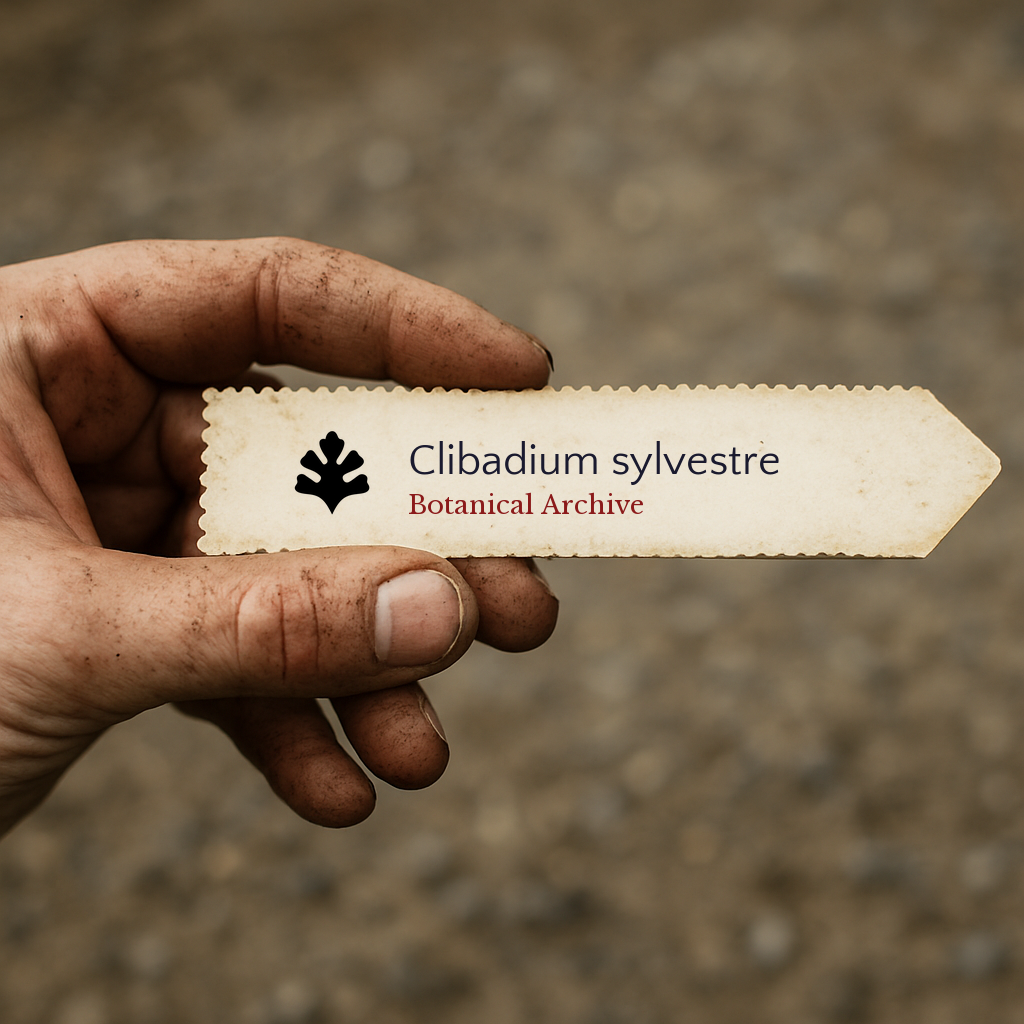 Vintage botanical archive plant label for Clibadium sylvestre held by dirty hand