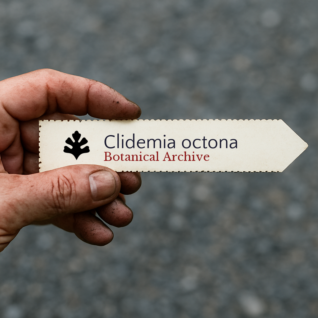 Etichetta stampata per pianta Clidemia octona tenuta a mano con terra sotto le unghie