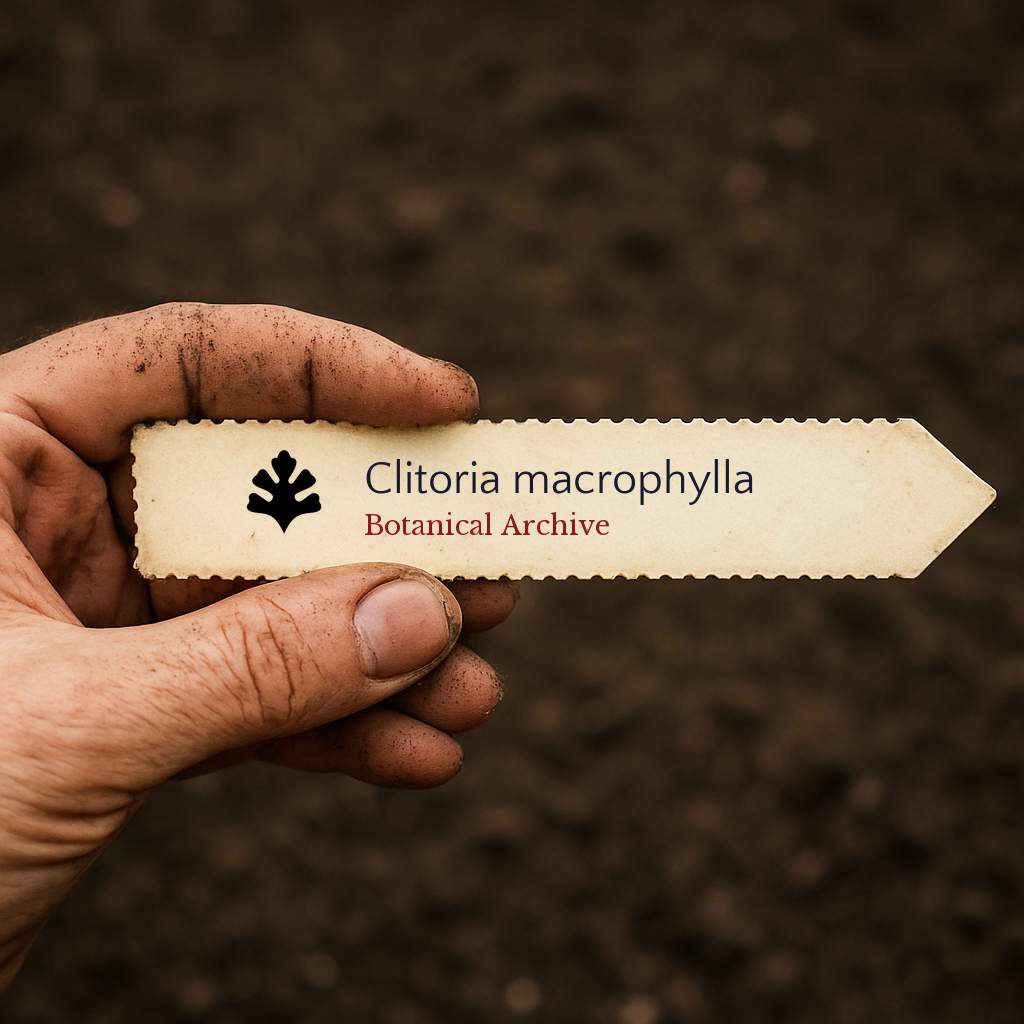 Printed plant label for Clitoria macrophylla held by dirty hand over soil background
