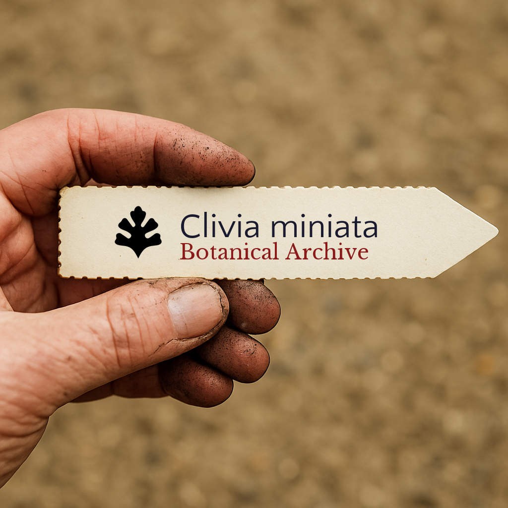 Etichetta stampata per pianta di Clivia miniata tenuta da mano sporca con sfondo di terreno