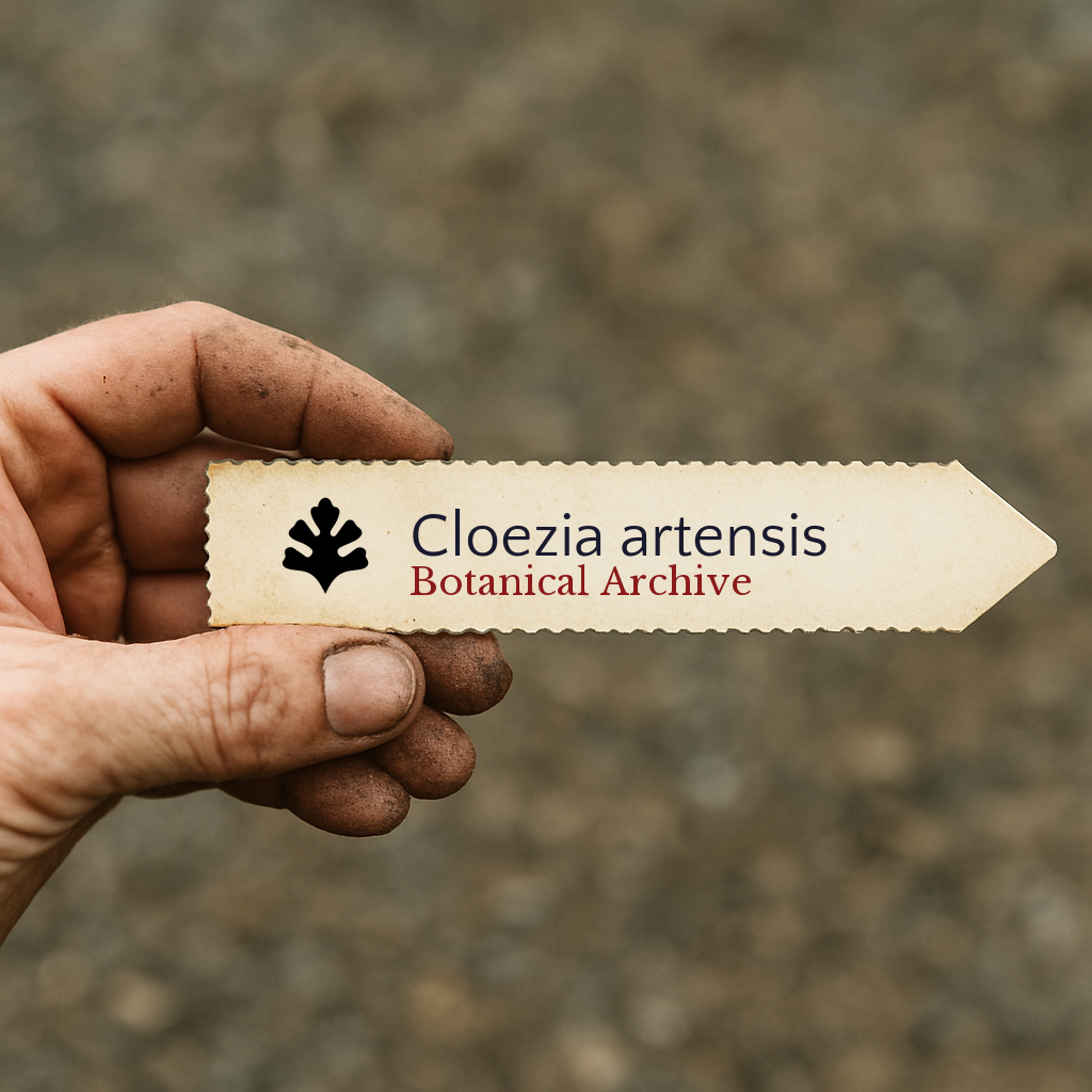 Etichetta per piante stampata per Cloeza artensis tenuta da una mano sporca all'aperto