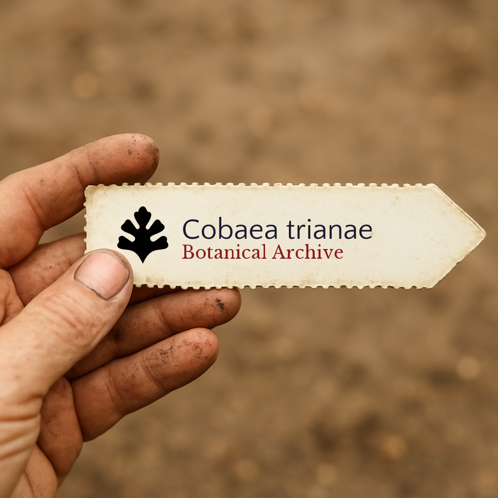 Etichetta per piante stampata per Cobaea trianae tenuta a mano con sfondo di terra