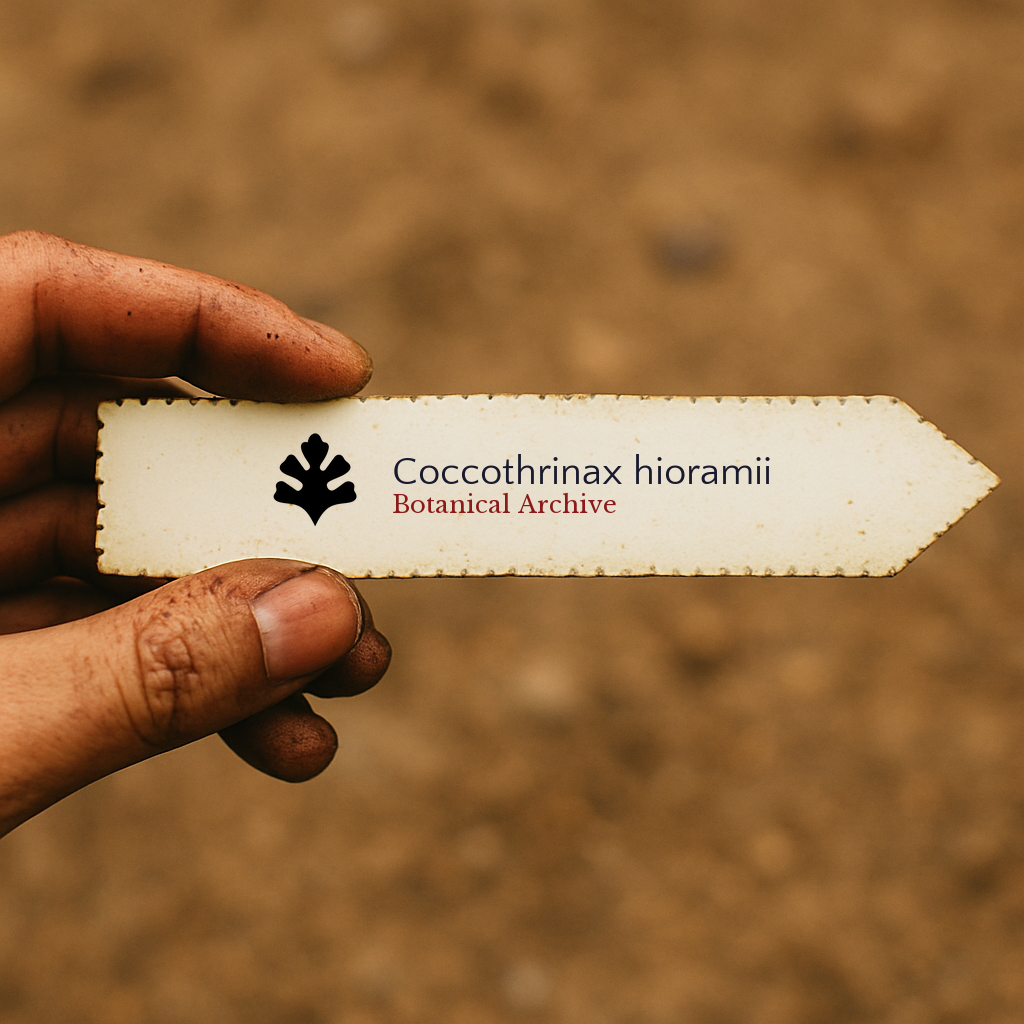 Etichetta per pianta stampata per Coccothrinax hioramii tenuta a mano con sfondo di terreno