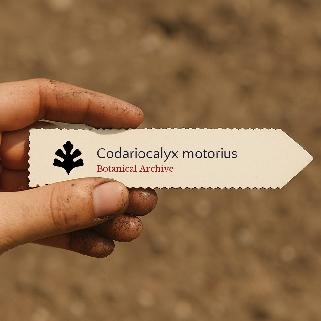 Printed plant label for Codariocalyx motorius held by hand with soil background