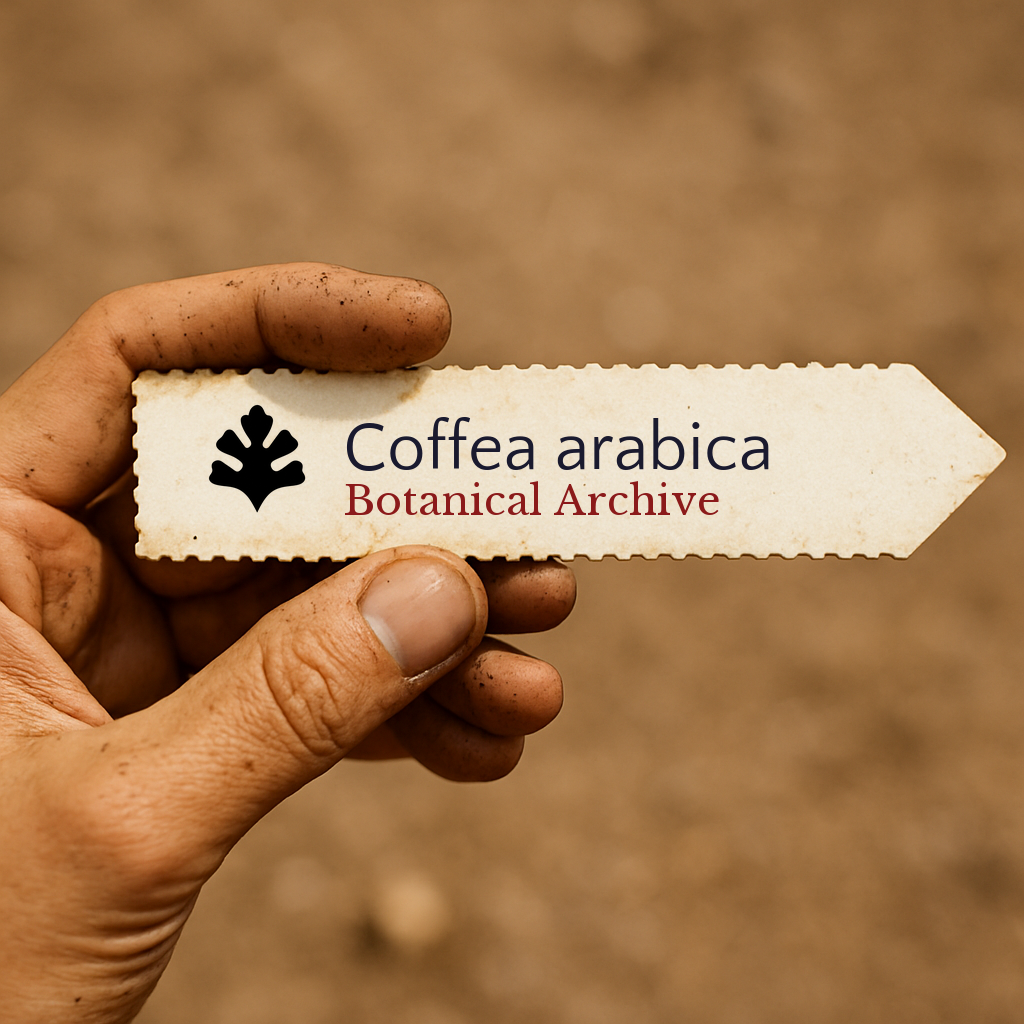 Etichetta stampata per pianta di Coffea arabica tenuta da una mano sporca di terra contro uno sfondo di terreno