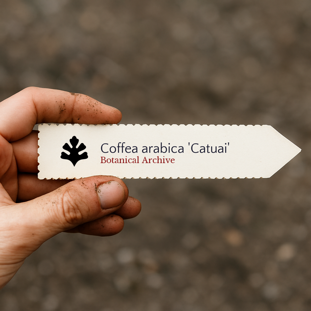 Etichetta per pianta stampata per Coffea arabica 'Catuai' tenuta a mano con sfondo di terra