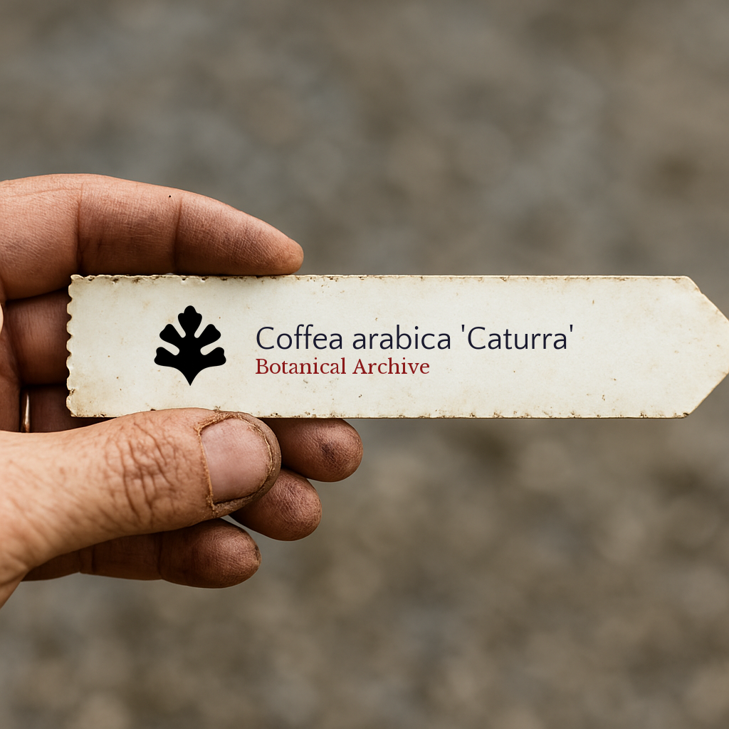 Printed plant label for Coffea arabica 'Caturra' held by a hand with soil-stained fingers