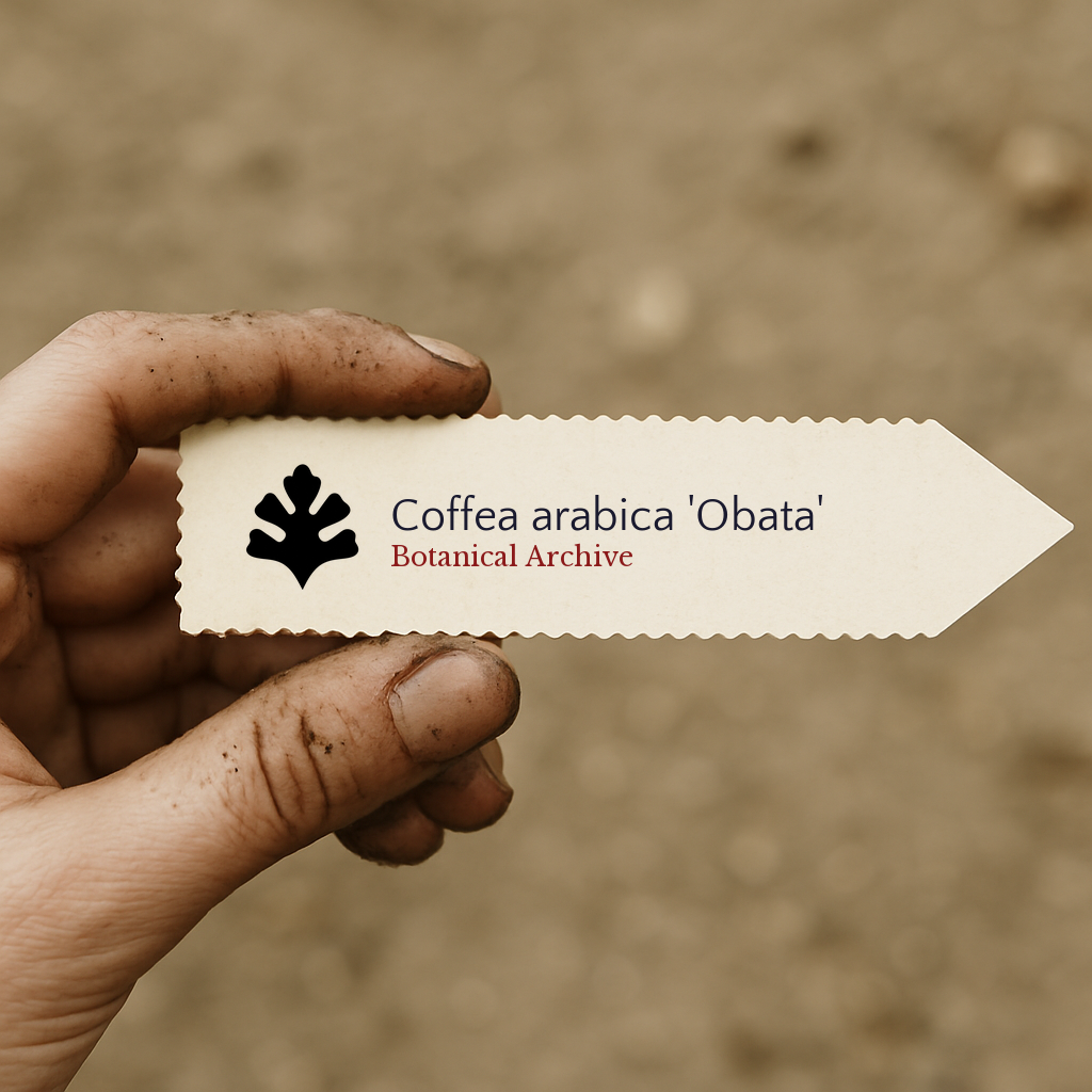 Printed plant label for Coffea arabica 'Obata' held by a hand with soil stains