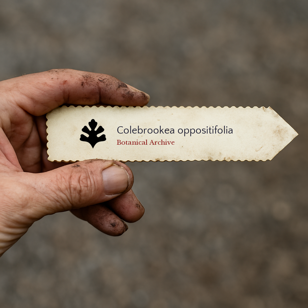 Printed plant label for Colebrookea oppositifolia held by dirty hand outdoors